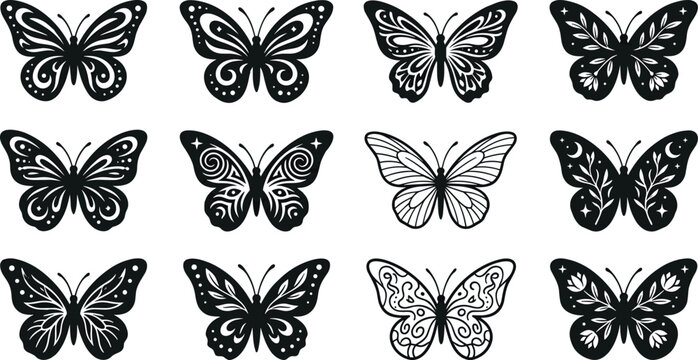 Collection of twelve black and white silhouette butterfly with intricate patterns and celestial motifs