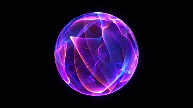 Abstract digital sphere with glowing neon waves and dynamic energy motion. Purple and blue gradient sphere background, AI technology concept, innovations, big data. Vibrant futuristic 3d orb. 4k loop