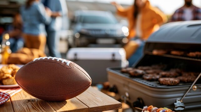 Tailgate party with grilling burgers and football on a table