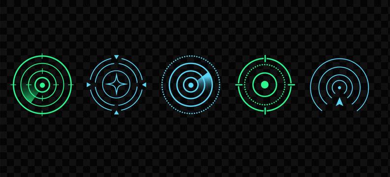 Futuristic HUD target interface icon set with neon radar circles and sci fi tracking elements isolated on transparent PNG background for gaming, technology and UI design
