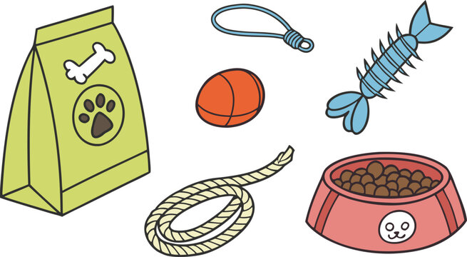 Pet supply icon set featuring a shopping bag bowl with food rubber bone fish toy ball and leash vector illustration assetPet supply icon set featuring a shopping bag bowl with food rubber bone fish to