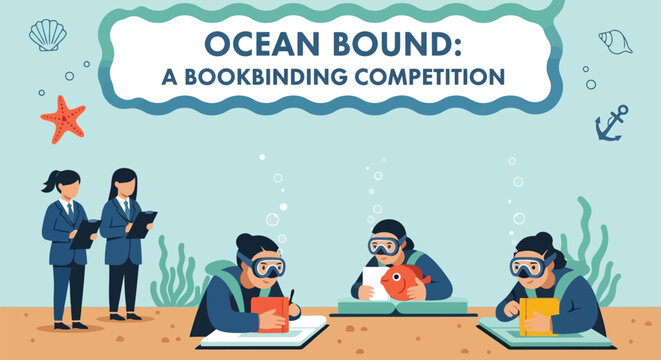 Colorful underwater bookbinding competition illustration with scuba divers and judges on isolated on white background