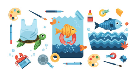 Obraz premium Colorful ocean conservation illustration with marine life and plastic pollution awareness isolated on white background