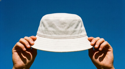 Two hands holding a blank white bucket hat up to a clear blue sky. Ideal summer apparel mockup for presenting custom hat designs, branding, and outdoor fashion concepts. © Studio Fiuza
