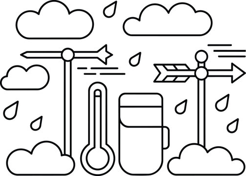 Weather elements for a coloring book or page, including clouds, raindrops, thermometer, and vanes and activity rain gauge