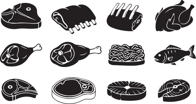 Premium Meat and Seafood Silhouette Vector Icon Set