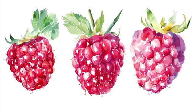 Vibrant watercolor illustrations of fresh raspberries showcasing rich colors and detailed textures in a beautiful arrangement