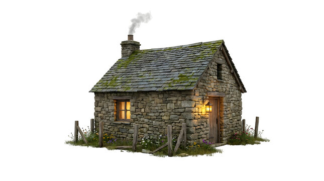 Rustic stone cottage with smoking chimney on white background, traditional highland croft house, cozy mountain hut with glowing windows