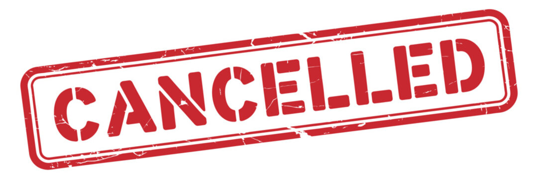 Cancelled rubber stamp, angled red distressed stamp with bold letters isolated on white background for rejected status, canceled approval, administrative documents, office markings, and business commu