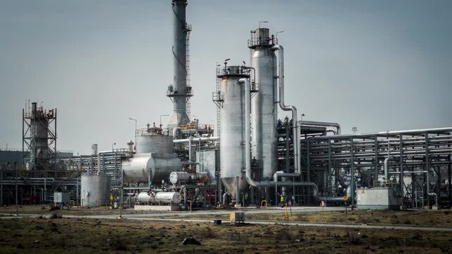 Industrial medium shot showcasing the intricate pipework and distillation towers of a sprawling coal tar fractionation facility surrounded by vast open terrain