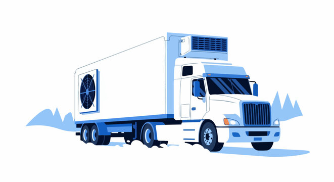 Flat Vector Illustration of a Refrigerated Semi-Truck for Cold Chain Logistics and Winter Freight Transport