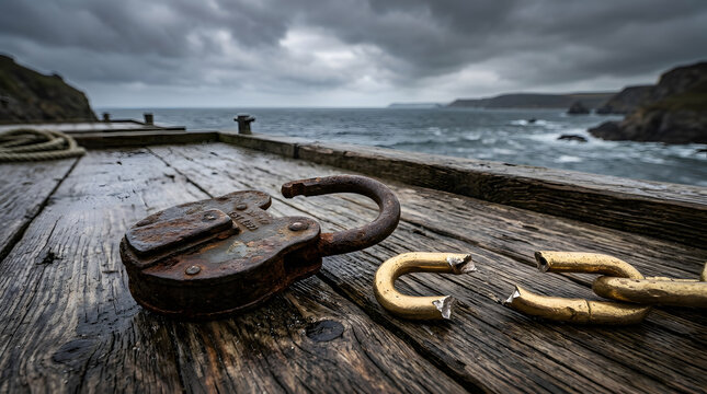 Close Up of a Heavy Rusted Antique Metal Padlock on a Broken Iron Chain Over an Old Weathered Wooden Door Surface, Concept of Freedom Shattered Security Escape Breaking Free and Liberation