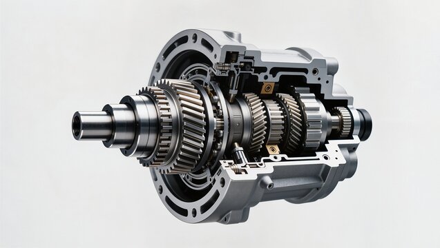 Cutaway view of mechanical differential gearbox assembly with layered gear mechanisms
