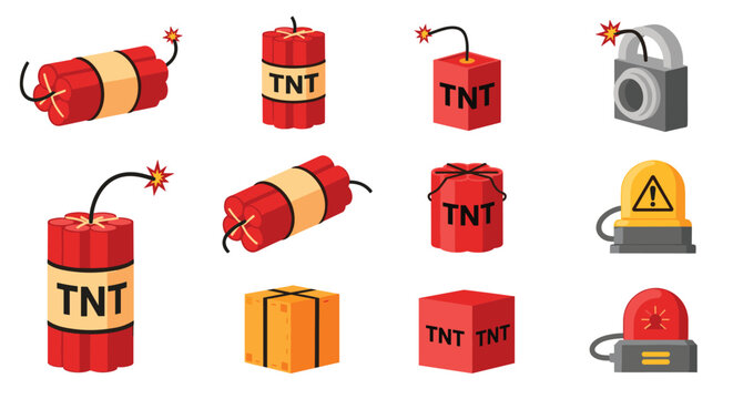 Various types of explosives including TNT bundles and dynamite sticks are shown along with a lock and alarm sirens on a white background.