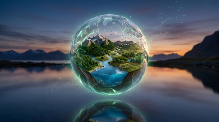 Fototapeta premium Miniature Earth Globe with Lush Landscape Floating on Water at Sunset planet