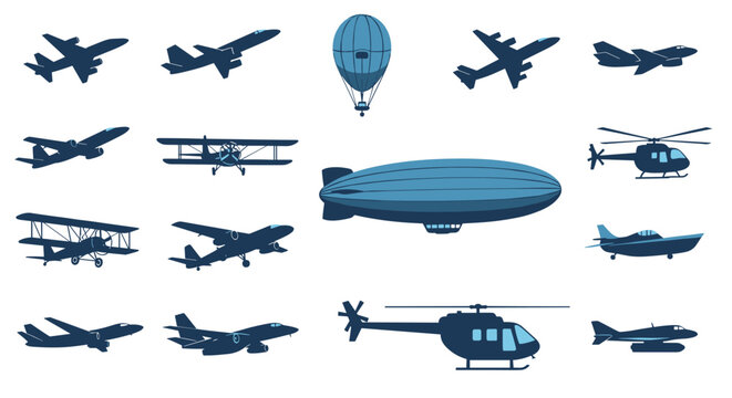 Large collection of dark blue aircraft silhouettes including commercial planes, helicopters, biplanes, a hot air balloon, and a zeppelin on white.