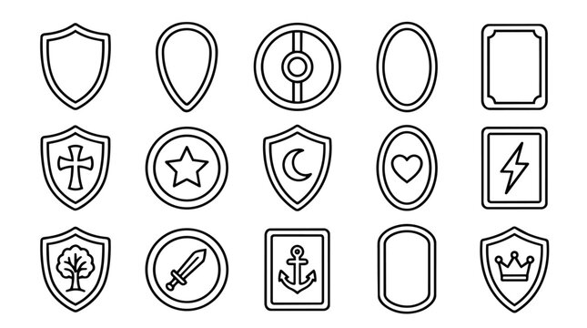 Set of outline shield and emblem icons with various symbols
