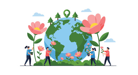 Fototapeta premium Enthusiastic group of tiny people planting vibrant flowers around a giant globe to promote environmental conservation and ecology.