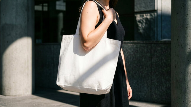 A woman wearing a black dress carries a blank white canvas tote bag in a sunny urban environment with hard shadows. Perfect for eco-friendly shopping bag mockups, branding.