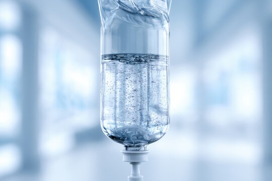 Close-up of clear liquid with bubbles flowing in a medical IV drip bag