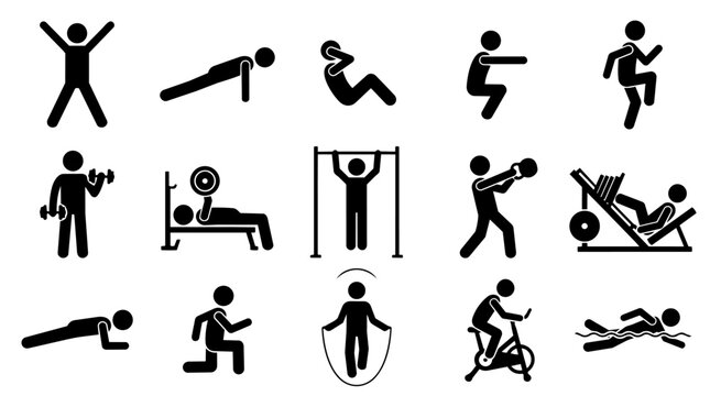 Set of stick figures performing diverse fitness exercises