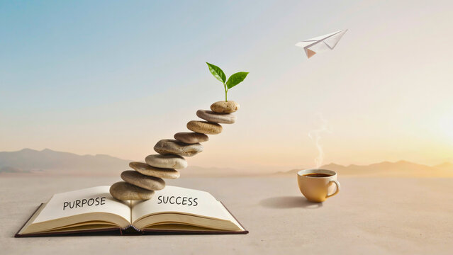 Purpose and success concept with stepping stones growing from open book representing knowledge driven personal growth and life journey