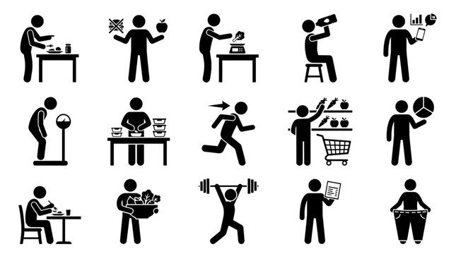 Healthy lifestyle and diet plan stick figure activities set