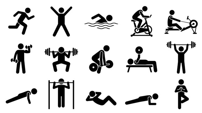 Various fitness and exercise activities stick figure icons