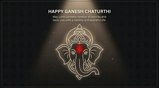 Ganesh chaturthi festival greeting banner featuring a glowing line art illustration of lord ganesha with a red tilak symbol on a dark patterned background