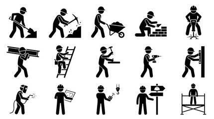 Fototapeta premium Construction Worker Stick Figures Doing Various Jobs