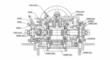 Naklejka premium Detailed engineering blueprint of a complex mechanical assembly, revealing internal machine components, gears, shafts, and material specifications.