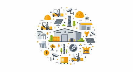 Naklejka premium Industrial Logistics and Smart Warehouse Vector Illustration with Sustainable Energy and Security Icons