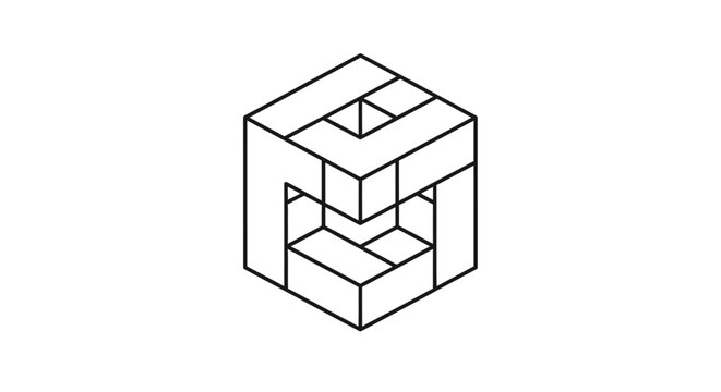 Abstract geometric isometric cube, interlocking shapes creating a complex 3D optical illusion, minimalist line art design