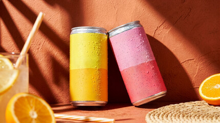 Two cold, unbranded aluminum beverage cans covered in water drops lean against each other under harsh tropical shadows. Perfect summer mockup for soda, sparkling water. © Studio Fiuza
