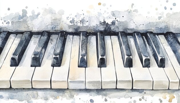 Enjoy the serene beauty of a watercolor painting featuring a close-up of piano keys capturing musical elegance and artistry