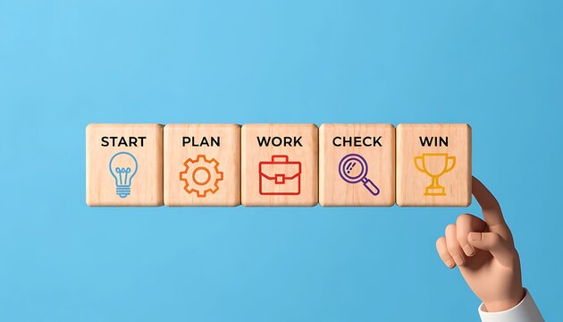 Hand pointing to business strategy blocks start plan
