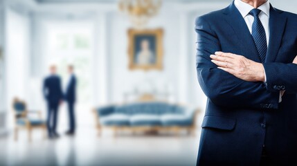 Fototapeta premium Senior male diplomat in a formal suit stands confidently with arms crossed in a blurred embassy interior while discussing with colleagues.