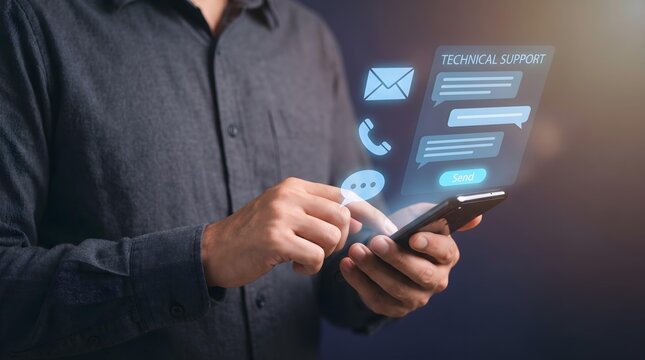 Businessman uses a futuristic touchscreen tablet with holographic online support icons.