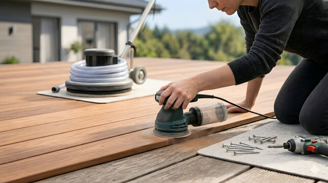 A focused woman uses an electric orbital sander machine to smooth and restore a wooden patio deck during an outdoor home renovation DIY project.
