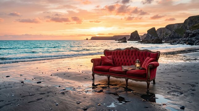Antique red loveseat on wet beach near rocky headland at sunrise. lantern and book on seating suggest intimate evening reading or coastal storytelling concept in quiet shore setting.