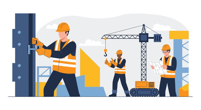 Construction workers in hard hats building a structure with crane