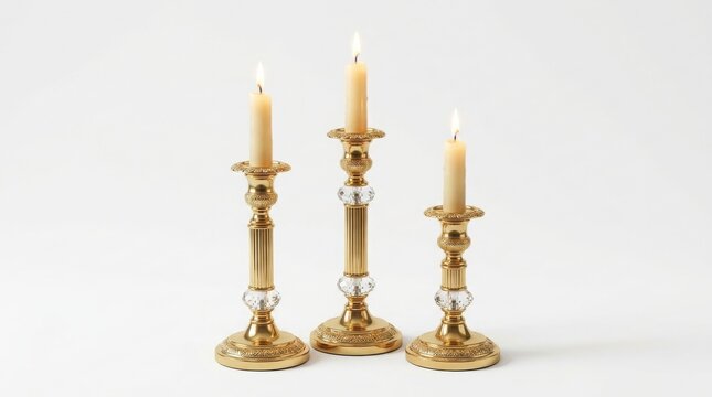 Vintage brass candlesticks with burning wax candles, elegant gold candle holders for home decor, antique metallic candelabra set with glowing flames isolated on White Background