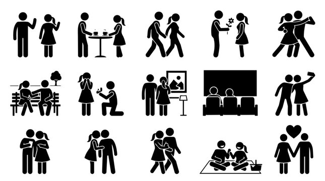 Romantic couple relationship activities flat icon set