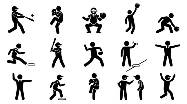 Baseball players and umpire stick figures set