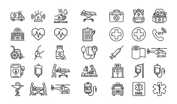 Emergency Healthcare and Ambulance Outline Vector Icons Collection