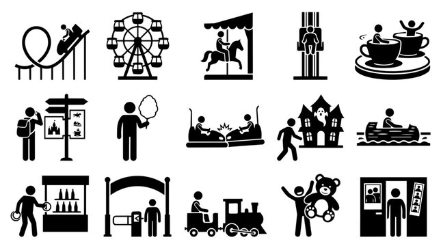 Amusement Park Rides and Attractions Icon Set