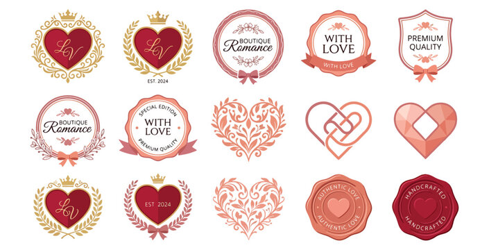 Luxury vintage emblems and badges with hearts crowns and floral motifs.