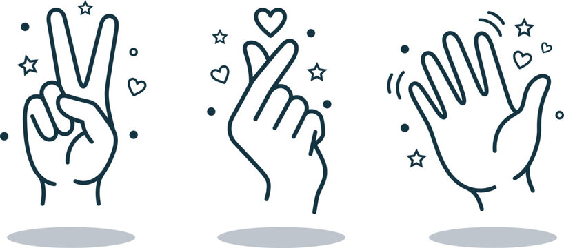 Vector illustration of hand gestures with peace sign, love, and waving