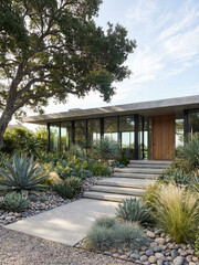 Fototapeta premium A modern house with a concrete pathway and landscaped garden.