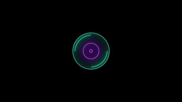 Cyan and purple neon vinyl disc animation - retro cyberpunk cd music record and glowing digital turntable loop on black background. 4k